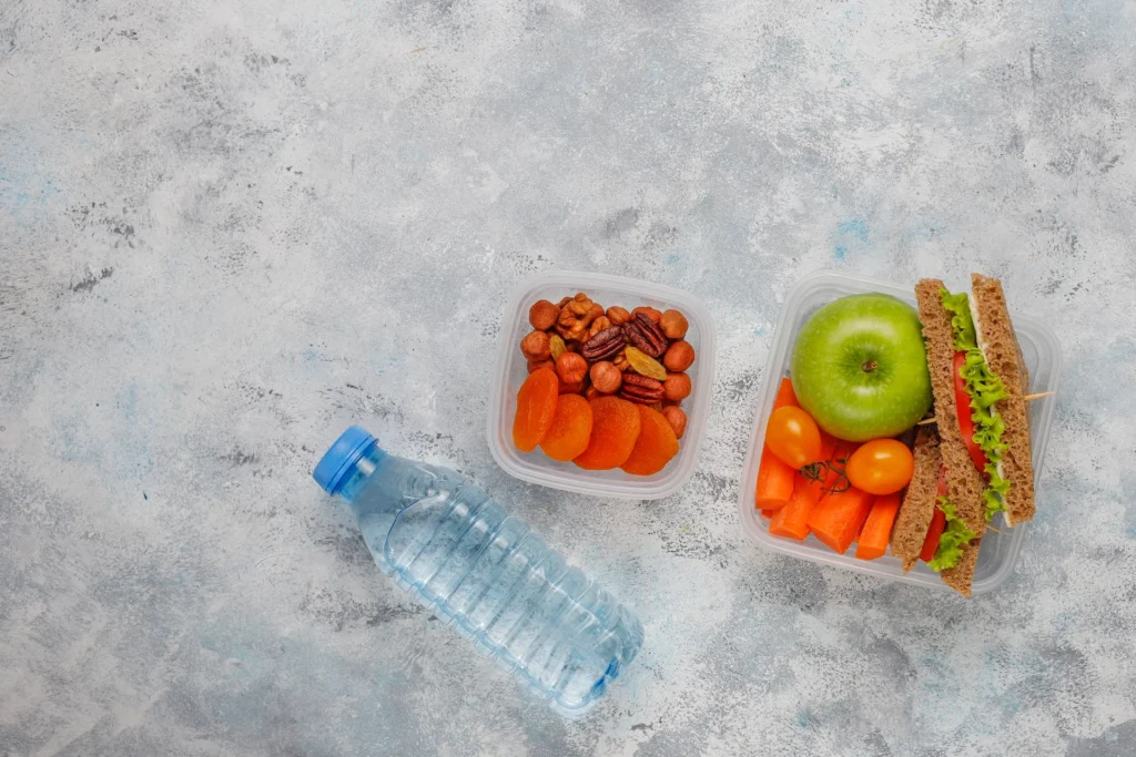 water bottle and fruits